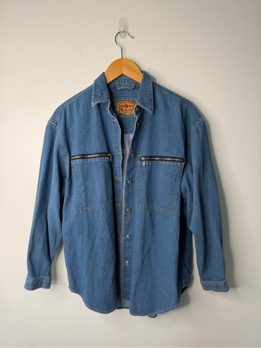 Vintage Liz Claiborne Jean Denim Jacket Button Up Double Zip Pocket Womens S 90s